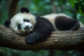Obraz premium Adorable Panda Cub Sleeping Peacefully On A Tree Branch