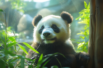 Obraz premium A Young Panda Bear Among Lush Green Foliage