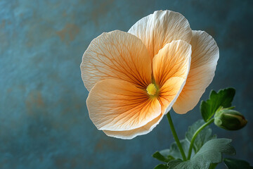 Delicate Peach Pansy Flower Against Teal Background
