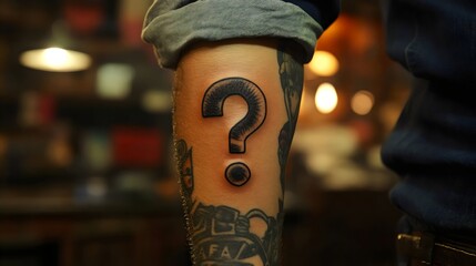 A man has a tattoo of a question mark on his arm