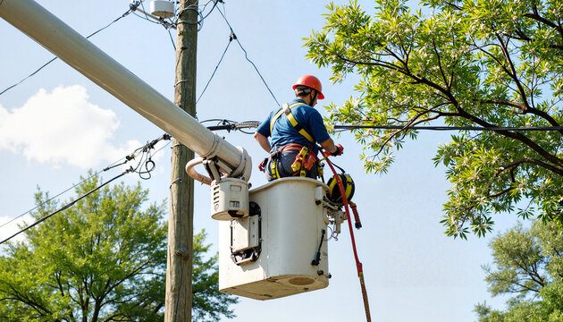Utility worker trimming tree branches from cherry picker, safety focus