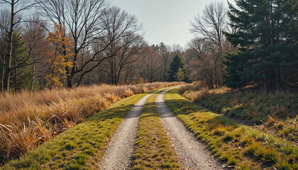 Fototapeta premium Winding dirt road through autumn forest, peaceful solitude
