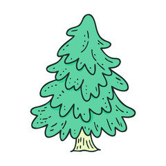 Cartoon illustration of a simple pine tree, Vector cartoon illustration of a green pine tree with a minimal design and textured details, showcasing a natural and playful style.  
