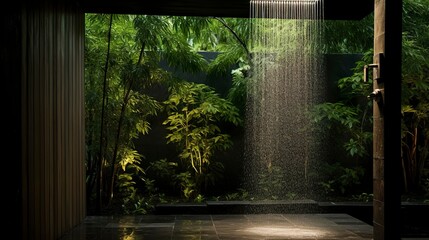 A photo of a serene spa outdoor rain shower.