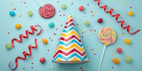 A Festive Party Hat Surrounded by Colorful Candies and Ribbons