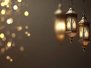 Two Illuminated Ornate Lanterns Hanging Against A Blurred Background