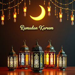 Obraz premium Graceful Ramadan Greeting Card Featuring Islamic Lanterns and Crescent Moon 