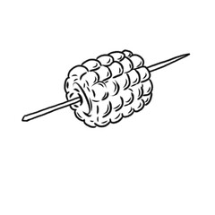 Illustration depicting a corn cob skewered on a stick designed in a hand-drawn style using black and white colors. Ideal for food-related themes and art projects.