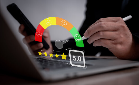 Client or consumer rating service experience on online application. customer review satisfaction feedback survey, evaluating service quality, and its impact on a business's reputation ranking