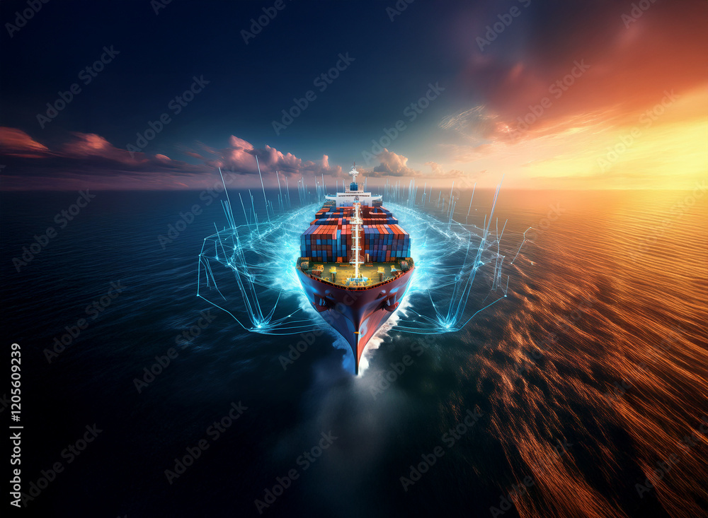 Poster a large container ship sails on a dramatic ocean at sunset, surrounded by a futuristic network of gl