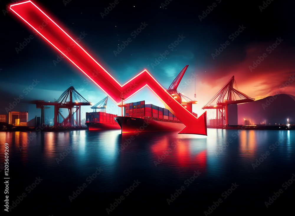 Poster A dramatic image depicting a large red arrow pointing downwards over container ships in a harbor at night, symbolizing a decline in global trade and shipping.