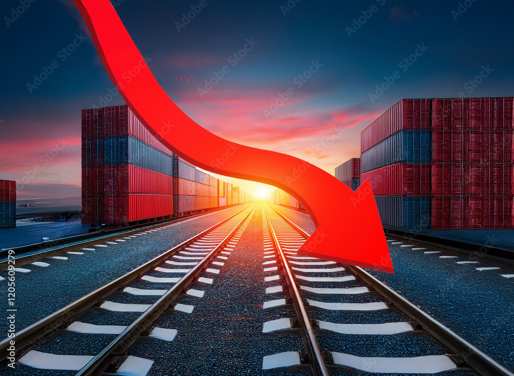 Aufkleber a large red arrow descends over railroad tracks lined with shipping containers, symbolizing a declin