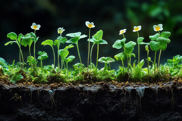Delicate white wildflowers blooming in verdant moss