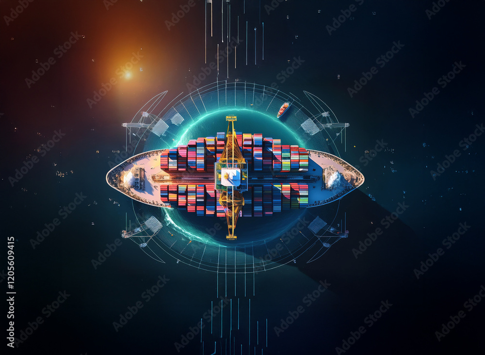 Poster a futuristic depiction of global shipping, with a container ship orbiting a stylized planet connecte