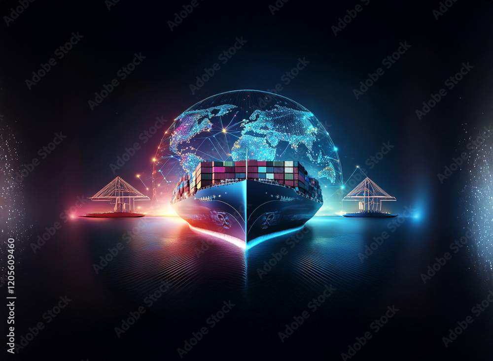 Poster a container ship at the center of a glowing digital world map, symbolizing global trade and intercon