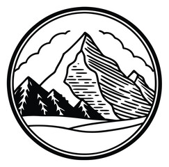 Mountain snow, river, and forest landscape scene logo silhouette illustration vector. clean, simple lines. black and white. for photo overlays t-shirt print flyer poster design.