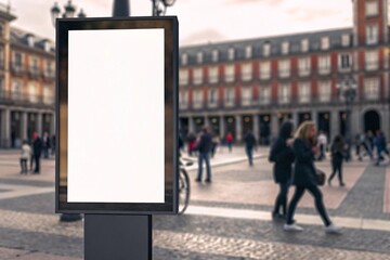 Blank advertising billboard in front of a classic building facade in madrid,ideal for mockups and marketing
