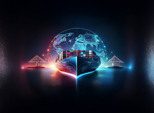 A container ship at the center of a glowing digital world map, symbolizing global trade and interconnectedness.  Two digital structures flank the vessel, suggesting port facilities or data centers. - Powered by Adobe
