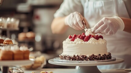 Skilled baker decorating a delicious cake with fresh raspberries and cream in a cozy bakery setting, showcasing artistry and passion for pastry creation.
