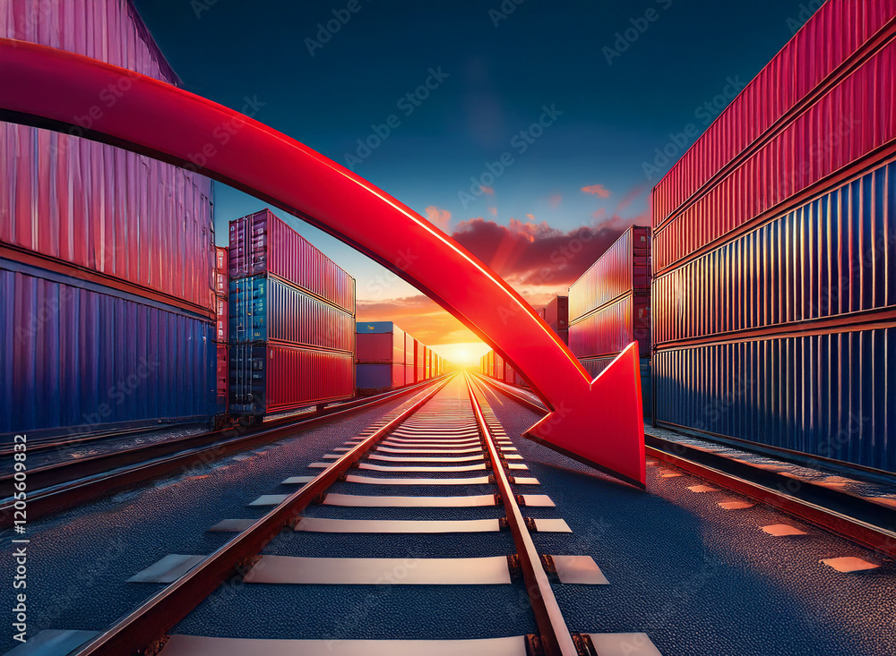 Poster A large red arrow points downward over a railway track lined with shipping containers, symbolizing a decline in global trade and economic downturn at sunset.
