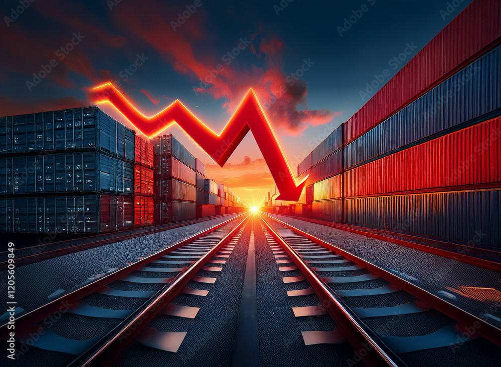 Aufkleber a dramatic sunset casts an ominous glow on a railway line flanked by shipping containers. a large re