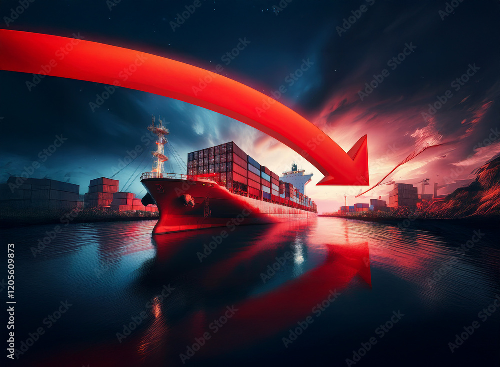 Poster a large container ship on calm water is overshadowed by a dramatic red arrow pointing down, symboliz