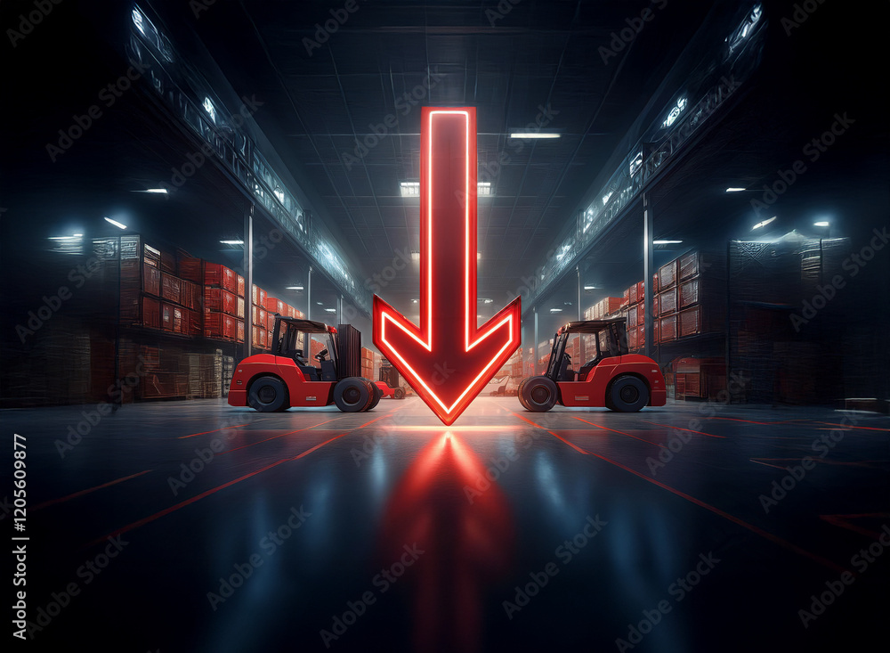 Poster A glowing red arrow descends between two forklifts in a dimly lit warehouse, symbolizing efficient and impactful logistics.