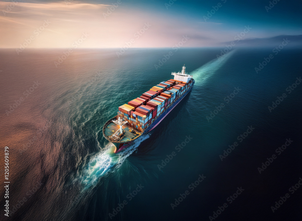 Poster a large container ship sails across a vast ocean at sunset, leaving a white wake. the colorful cargo