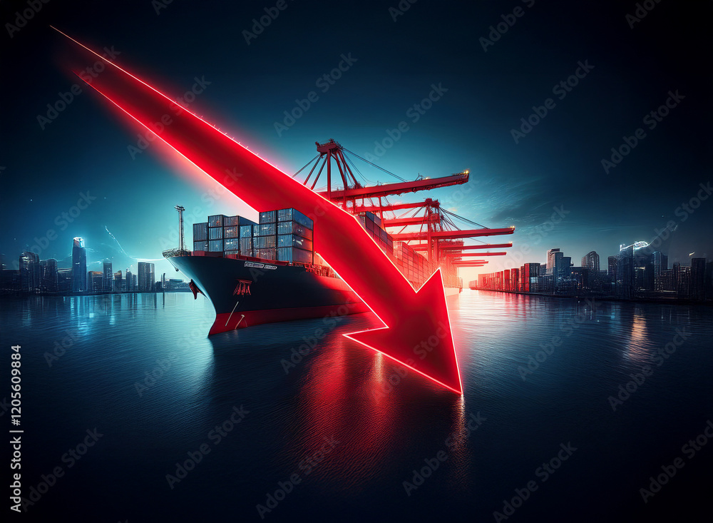 Poster a large container ship at a busy port is overshadowed by a dramatic red downward arrow, symbolizing 