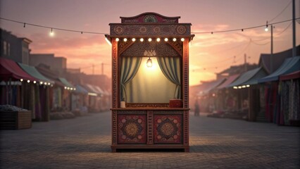 Fortune Teller Booth Illuminates Bustling Market Street at Sunset