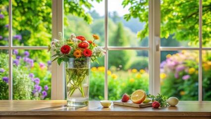 Bright floral arrangement in glass vase on sunny windowsill with fresh fruit and egg