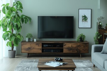 Mid-century modern dark wood TV stand with two doors and open section for media players, grey sofa, coffee table, large plant, and magazine in living room.