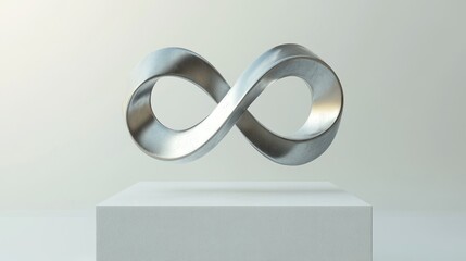 Silver infinity symbol floating, minimal background, studio shot, concept