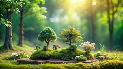 Miniature Forest Landscape Verdant Trees, Blooming Flowers, and Lush Moss on a Rustic Base, Bathed in Golden Sunlight