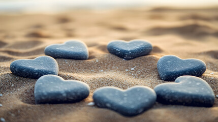 A peaceful image of heart-shaped pebbles arranged in a perfect circle on a sandy beach, with soft light illuminating the scene