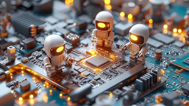 Robots collaborating on a circuit board; tech innovation - Powered by Adobe