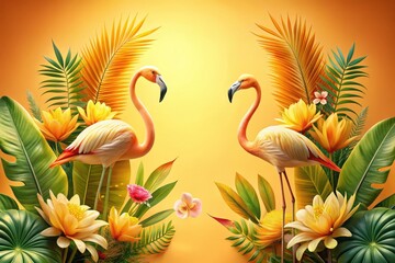 Obraz premium Tropical Paradise Two Elegant Flamingos Amidst Lush, Vibrant Flowers and Palm Fronds