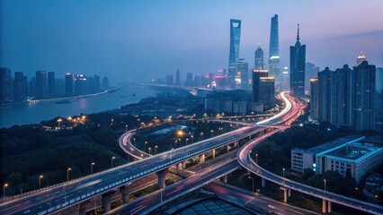 Futuristic Cityscape Showcasing Intersecting Highways and Skyscrapers at Twilight