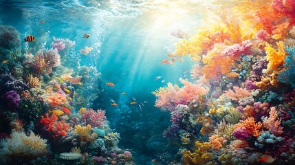 Naklejka premium Underwater Scene with Vibrant Coral Reef and Fish