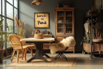 Scandinavian-style kitchen island with wheels, white wood top, glass doors, and rattan dining chairs with fur throw. "Lunch in Paris" poster on wall, grey walls and beige floor, plants in the backgrou