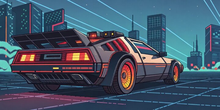 Retro Futuristic Time Machine Cruising Through a Neon Cityscape at Night