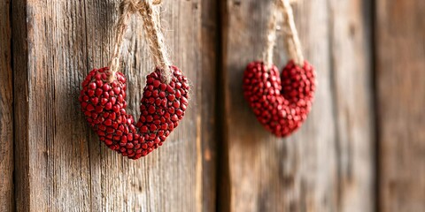 DIY Valentine's Day decorations Concept. Rustic Wooden Background with Red Heart Ornaments