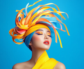 Naklejka premium Vibrant model showcasing creative hairstyle with colors