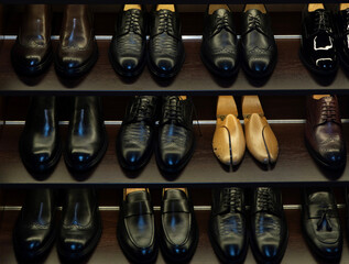 Multiple rows of black leather shoes on a wooden shelf