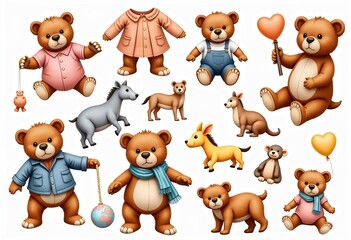 Watercolor Teddy Bear: Neutral Clipart, Gender Neutral Baby Shower Elements, Clothes & Toys, Pure White Background, Detailed, Realistic, HD Quality, Natural Light.

