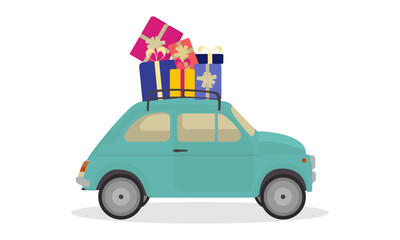Retro Car With Gift Boxes, Isolated On White Background. Vector illustration