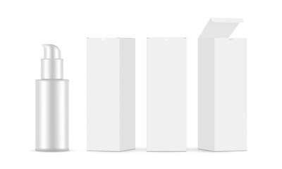 Blank Plastic Cosmetic Bottle Mockup with Pump, Three Packaging Boxes. Vector Illustration