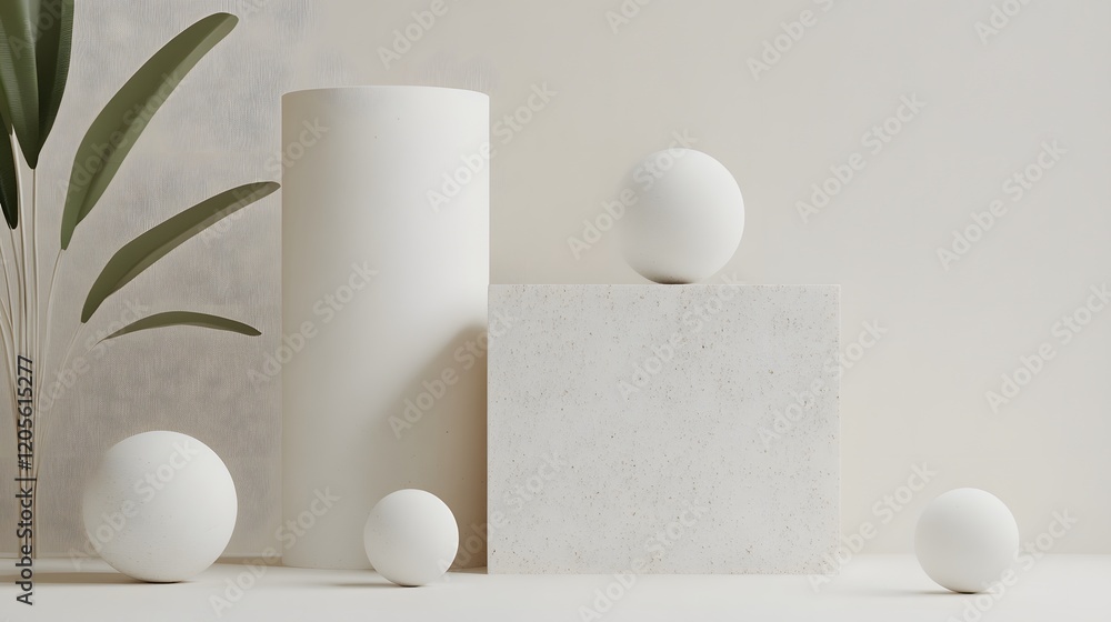 Aufkleber minimalist 3d abstract geometric shapes composition in white with soft texture