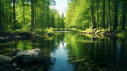A photo of a tranquil forest bathing pond