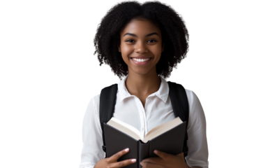 A smiling female student holding an open book, wearing a white shirt and a black backpack, isolated on a transparent PNG background
